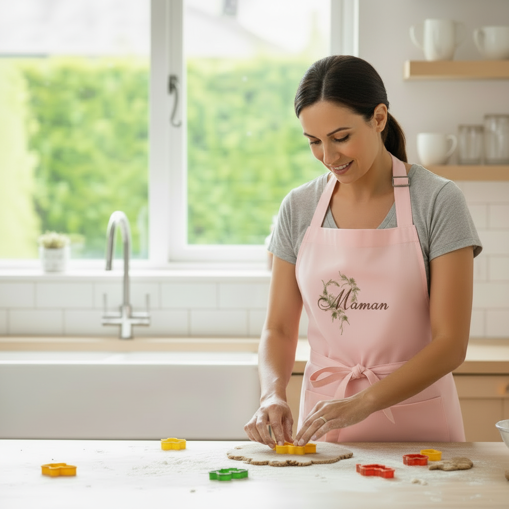Mother wearing embroidered cerise pink apron cooking with children