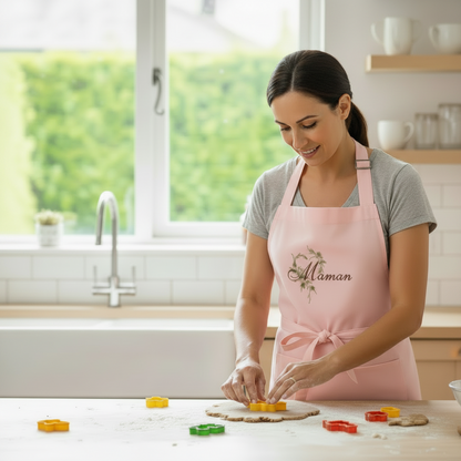 Mother wearing embroidered cerise pink apron cooking with children